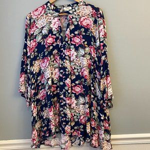 Umgee Navy Blue Floral 3/4 Bell Sleeve Tunic Mini Dress Size Small